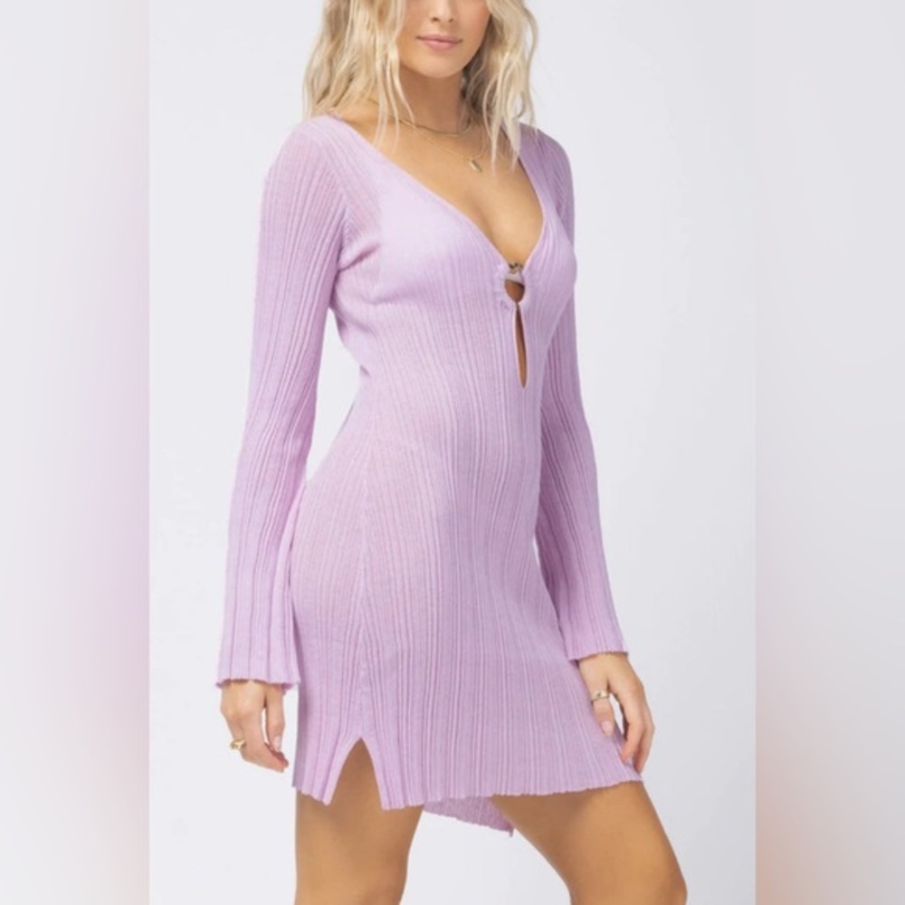 L*Space Weilea Cover Up Long Sleeve Linen Blend Dress in Peony Purple -‎ XL